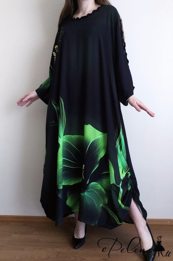 Mde Pompadur suknelė su žalių gėlių raštu